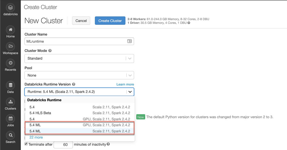 Databricks Runtime for Machine Learning, version 5.4