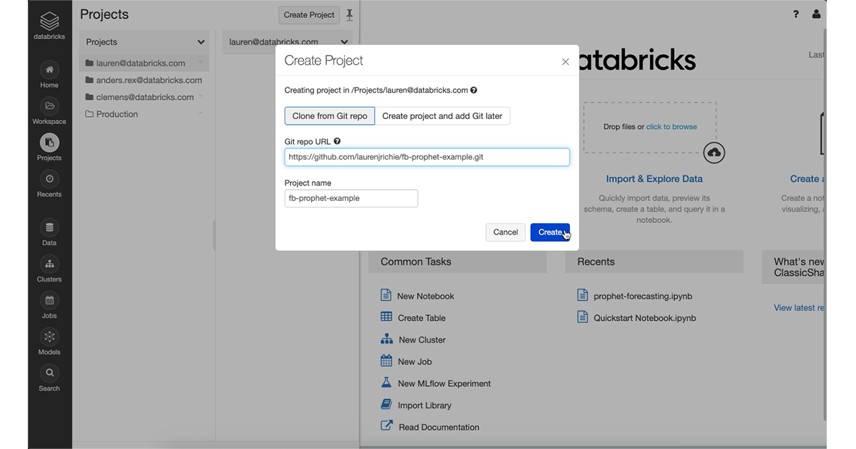 Databricks Projects allows data teams to quickly create or clone existing Git repositories as a project.