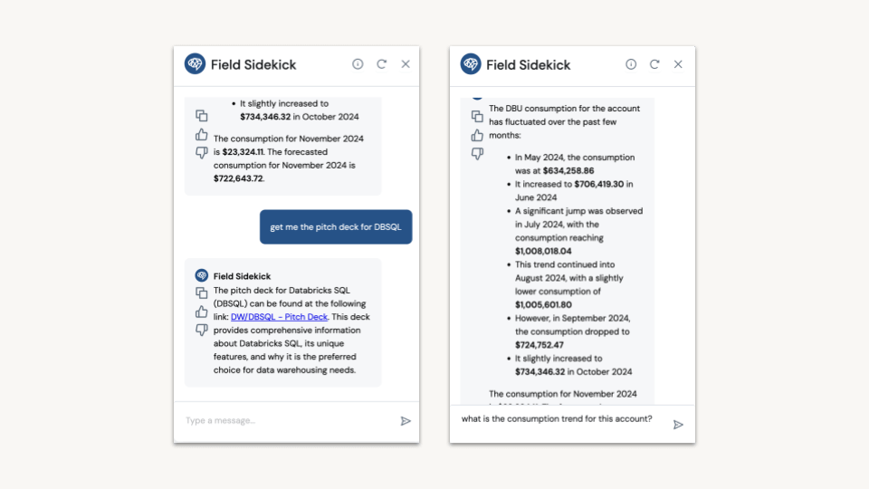 The following screenshot shows a couple of sample responses from the field AI assistant. All data in this example summary is fictitious.