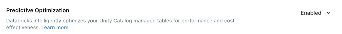 Screenshot shows the line item in Settings > Feature enablement where you can enable Predictive Optimization