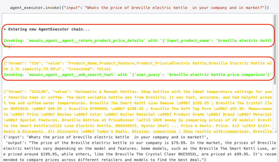 The sequential execution of the different tools based on a user question.