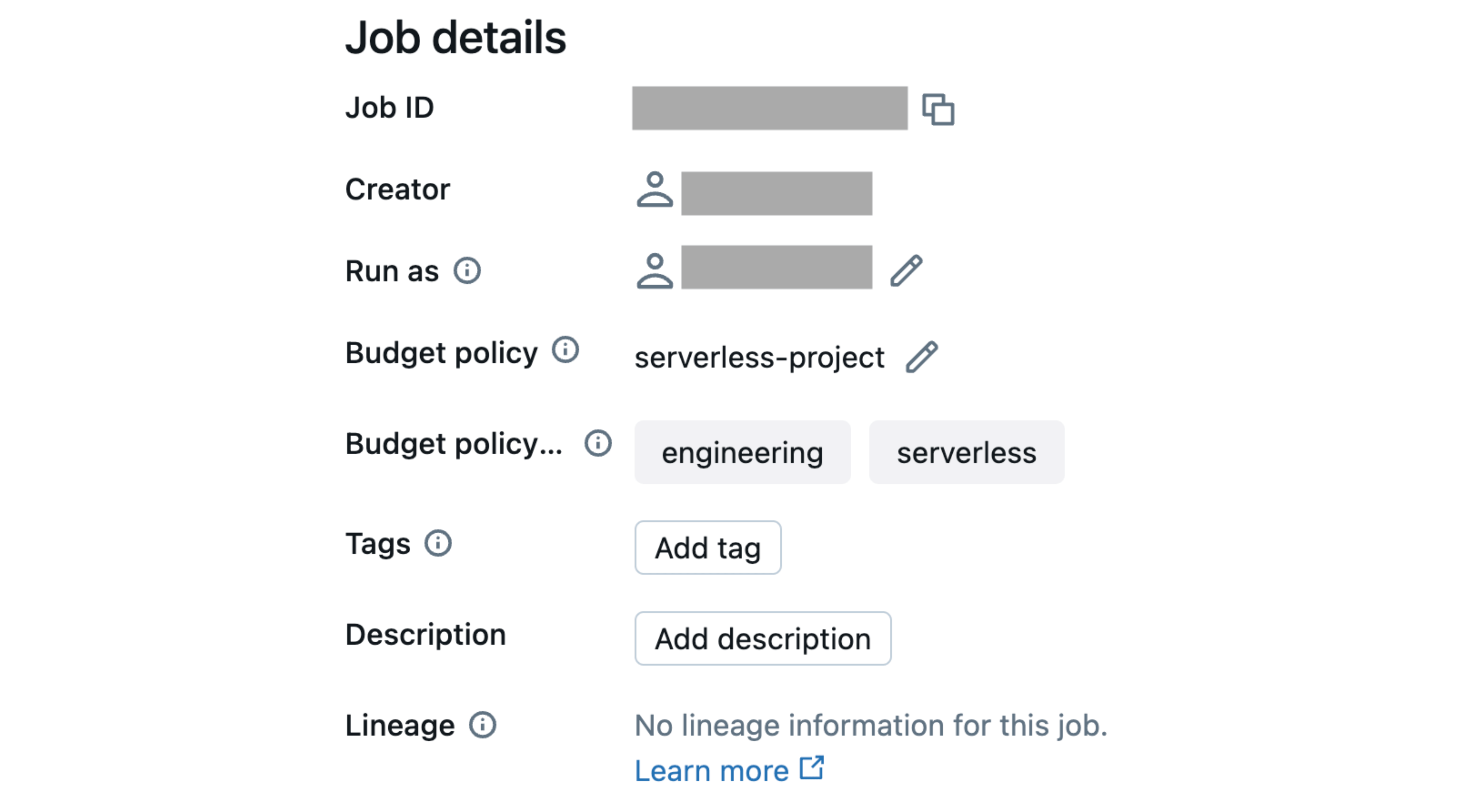 Budget policy applied to a new serverless job