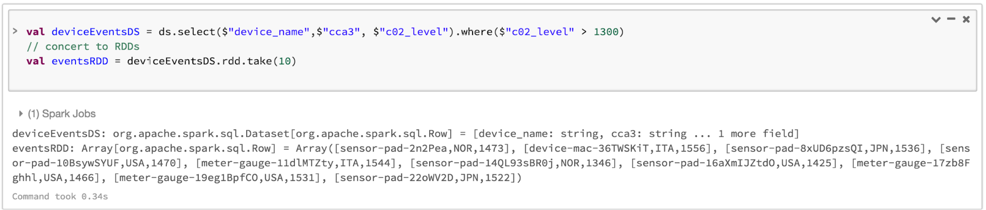 Screenshot of Spark converting a Dataset to an RDD on Databricks