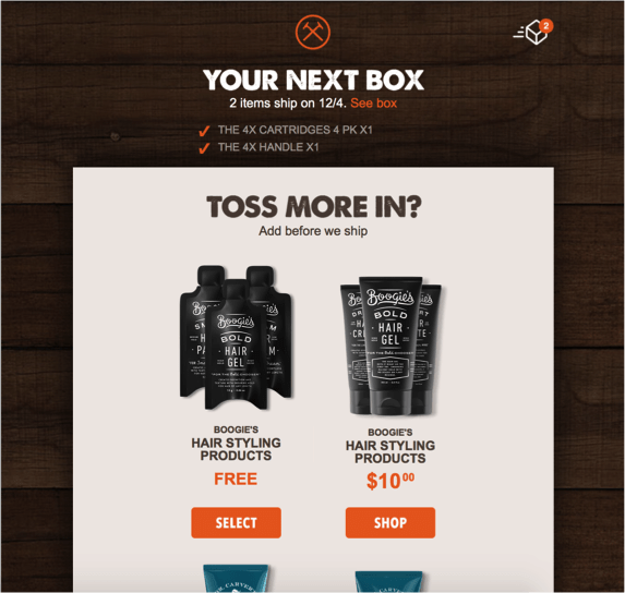 An example of the email Dollar Shave Club sends to users to recommend new products.