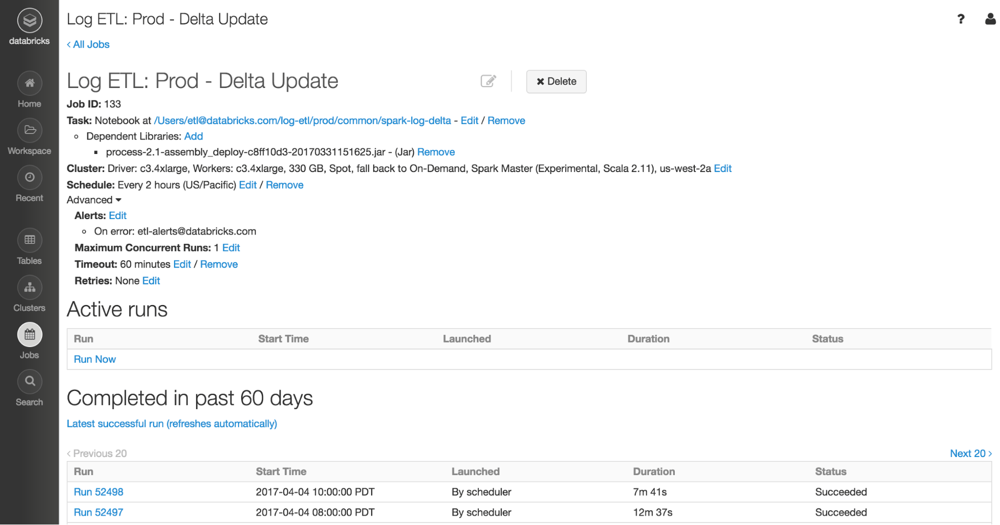 Screenshot of the Job Scheduler in Databricks