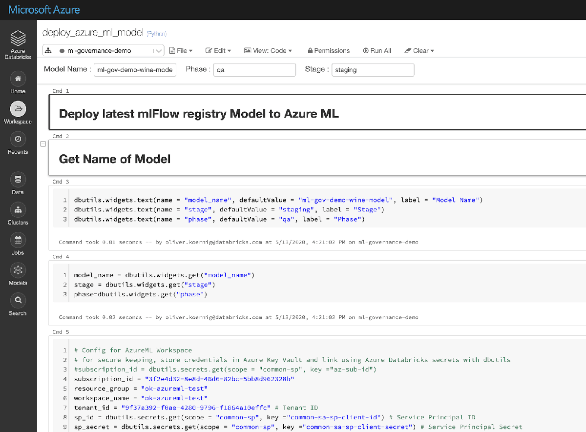 Sample Azure Databricks with code snippet deploying the model in Azure ML using the MLflow libraries.