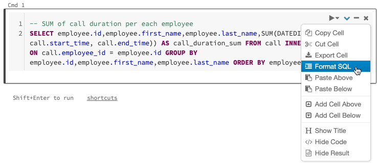 Databricks Notebook では、フリーフォーマットの SQL コードをすばやく簡単に入力し、セルメニューで SQL コードをフォーマットできます。 