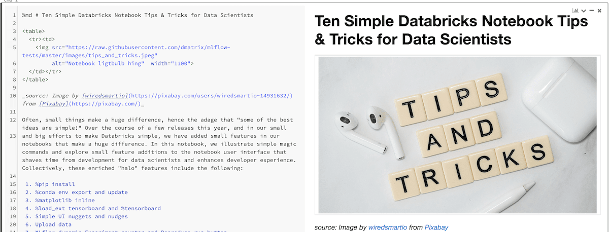 Databricks Notebook では、PyCharm などの Python IDE と同様に、マークダウンファイルを作成し、そのレンダリング結果を横並びのパネルで表示できます。