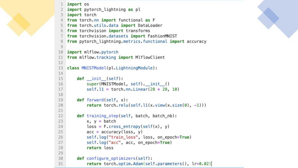 A PyTorch Lightning FashionMNIST instance with just a training loop step, illustrating how you can use MLflow to autolog MLflow entities, peruse the MLflow UI and register, serve or deploy the model.