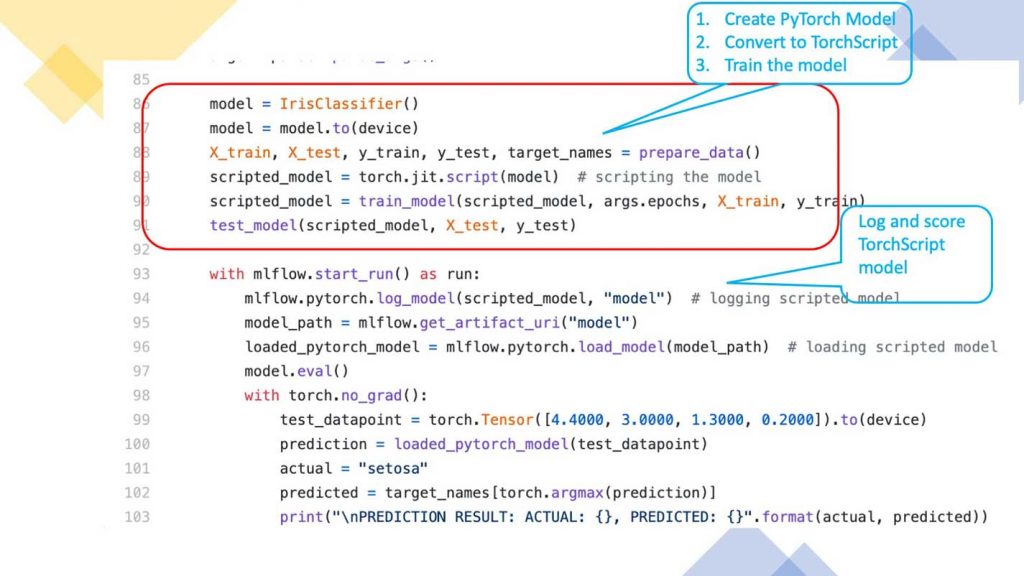 PyTorch Lightning の FashionMNIST インスタンス。トレーニングループのステップだけです。ここでは、MLflow を使用して MLflow エンティティの自動ロギングを行い、MLflow UI を詳細に調べ、モデルの登録とその配信や配置を行っています。