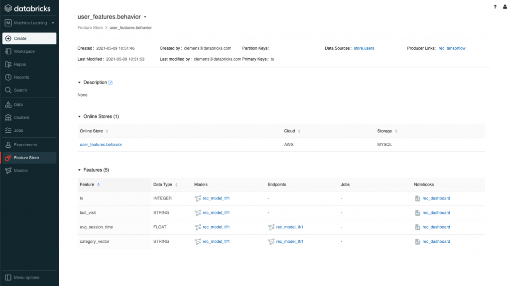 Feature table 'user_features.behavior', shows lineage to data sources and producers notebook; models; as well as consumer models, endpoints, and notebooks