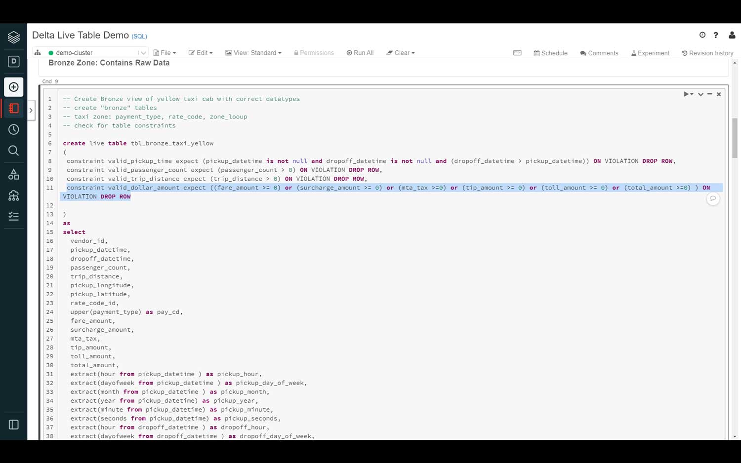 With Datbricks Delta Live Tables, data engineers can define data quality and integrity controls within the data pipeline by declaratively specifying Delta Expectations.