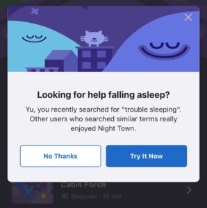 Example Headspace in-app modal push recommendations triggered from a user recent search for sleep content
