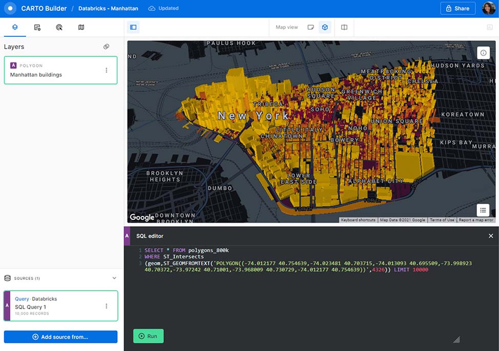 Once connected to their Databricks cluster from within CARTO, users can explore spatial data in the cluster or build a map from scratch.