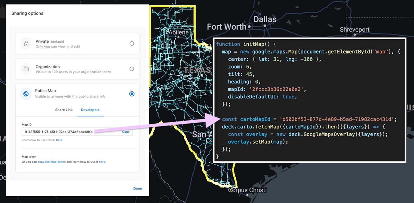 For geovisualization, CARTO makes use of the powerful deck.gl visualization library. You utilize CARTO Builder to design your maps and then you reference them in your code.