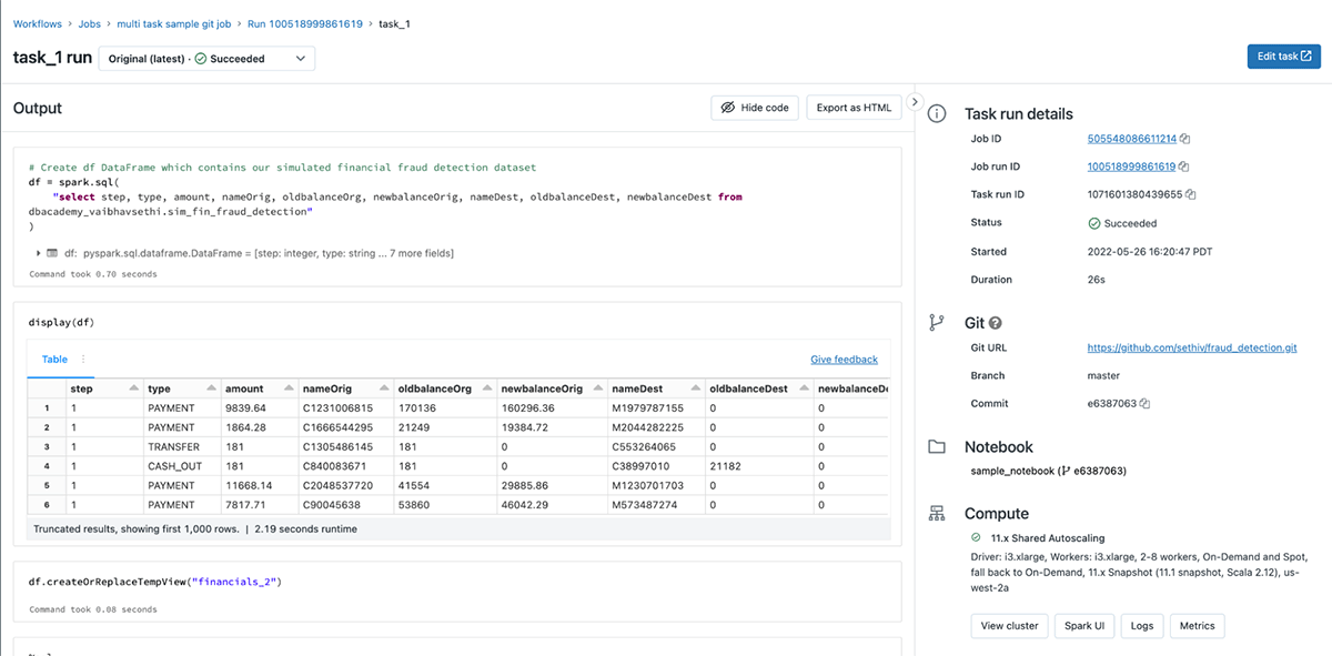Running and viewing job details, demonstrating the last of four simple steps involved with setting up the new Databricks feature for running notebook tasks against remote repositories.